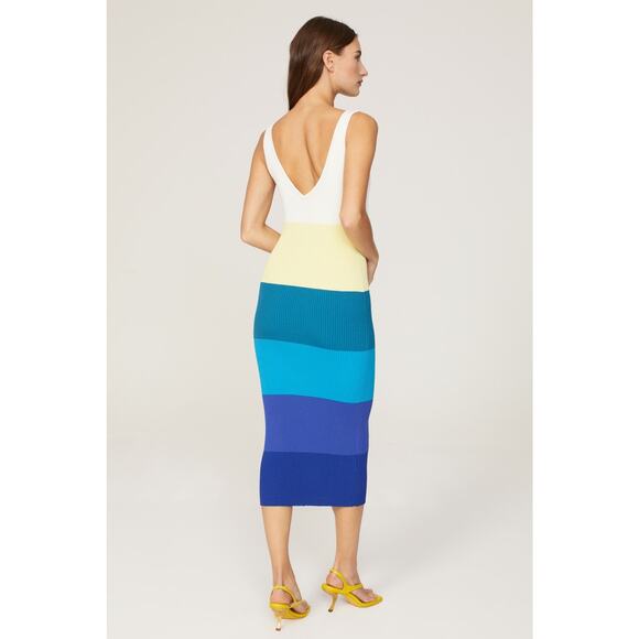 STAUD Blue White Colorblock Stripe Sleeveless V-Neck Dana Midi Dress Size Small - Picture 4 of 15
